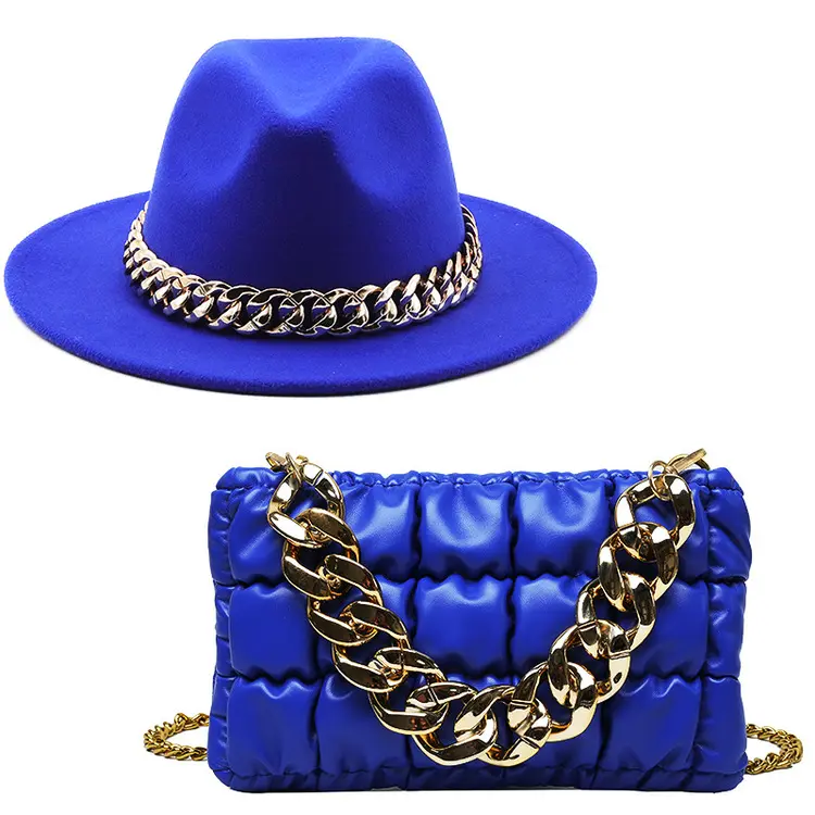 Popular Golden Thick Chain Tote Zipper Ruched Leather Crossbody Shoulder Bag Satchel Fedora Hats And Purse Set For Women