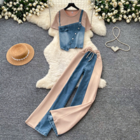 Ensemble deux pièces en jean patchwork taille haute pour femme - Collection été