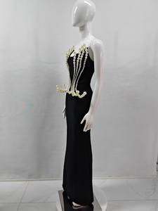 C3712 Vestido Largo Elegante de Fiesta de Boutique Personalizado Más Reciente con Perlas de Lujo, Negro, Hombros Descubiertos, Ajustado al Cuerpo y Estilo Vendaje para Mujer - Product Image 6