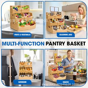 Caja de Almacenamiento Apilable de Bambú con Asas para Frutas y Verduras, Organización de Cocina, Forma Rectangular, Uso Doméstico - Product Image 5