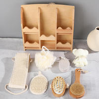 Set Hadiah Mandi Kayu Promosi, Set Kombinasi Sikat Mandi dan Bunga Mandi dengan Strip Peregangan, Kotak Kayu Bermotif Kotak-kotak, 7 Set