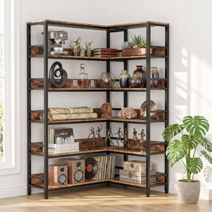 Wholesale 6-Tier L-Shaped Corner Bookshelf, Tall Industrial Bookcase with Baffles & <b>Metal</b> Frame for Home Office Decor - Product Image 1
