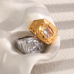 Irregular Hammered Texture Square CZ Signet <b>Ring</b> Pvd 18K Gold Plated Hypoallergenic Stainless Steel Chunky <b>Finger</b> <b>Ring</b> - Product Image 4