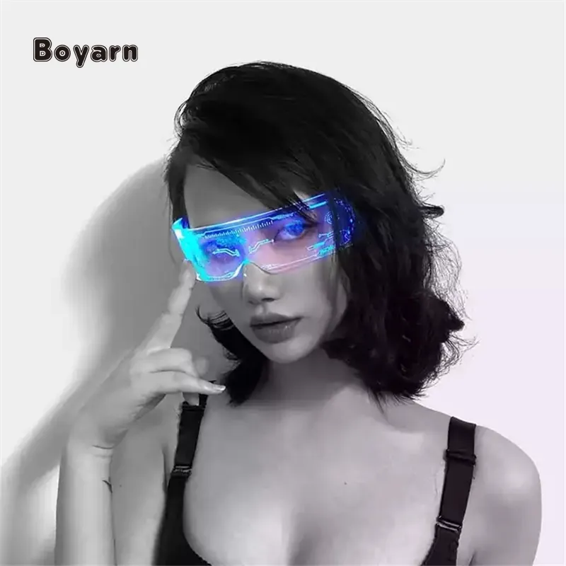 Boyarn एक्रिलिक चमकदार चश्मा नृत्य पार्टी सजावटी बड़बड़ाना रात क्लब के लिए भविष्य की धूप का चश्मा फैक्टरी चश्मा ऊपर प्रकाश का नेतृत्व किया