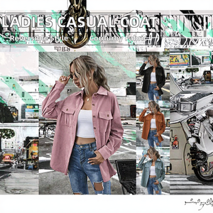 Veste en velours côtelé pour femme, manches longues, col rabattu, boutons sur le devant, manteau décontracté de couleur unie, vêtements d'automne - Product Image 2
