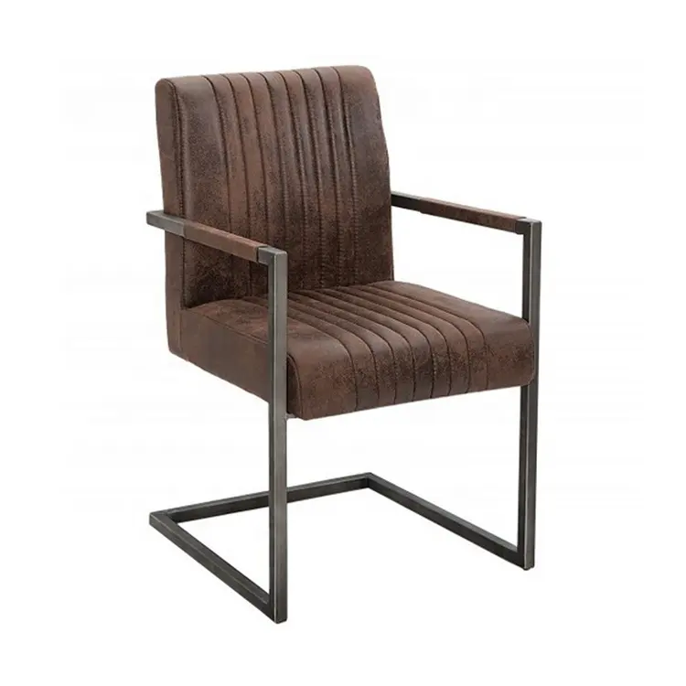 Tasteful Vintage Gray Leather Dark Matte Steel Frame Armrest Dining Chair