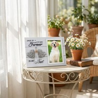 Cadre photo commémoratif moderne fait main et écologique pour animaux de compagnie, plaque en bois avec bouteille en verre et cœur en fil métallique 3D, cadeau de condoléances pour la perte d'un chien ou d'un chat