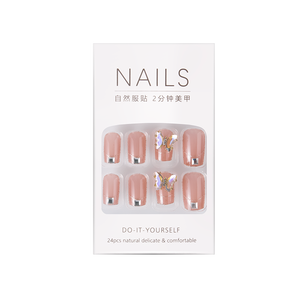 Ingrosso 24 pz Unghie Finte <span class=keywords><strong>Rosa</strong></span> Chiaro con Catena Dorata e Farfalle 3D, a Mandorla, Riutilizzabili, con Strass Lucidi - Product Image 4