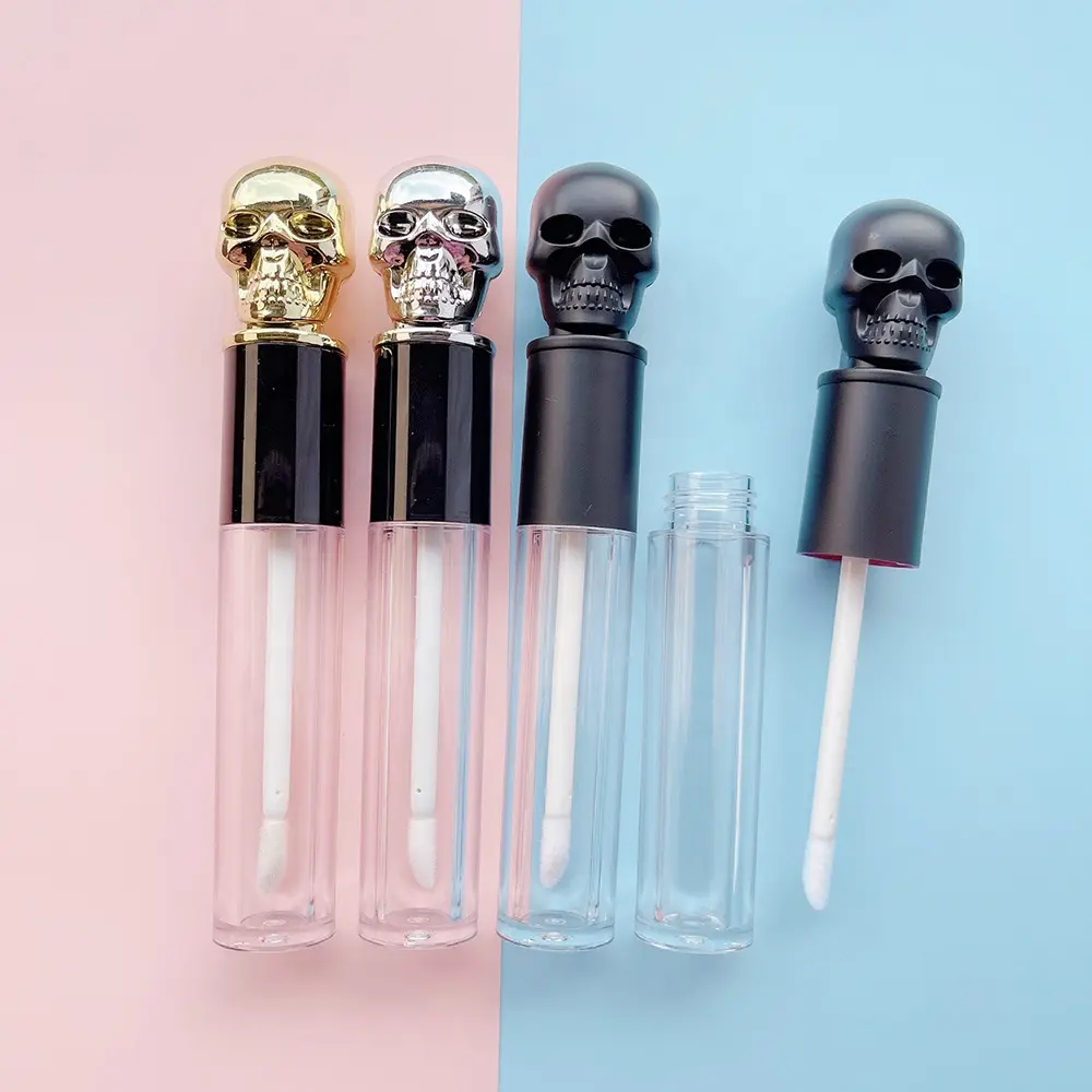 JIE MEI Stock Halloween Creative Cartoon Silver Black Skull Shape Empty 6ML Lipgloss Container Lip Gloss Tube With Applicator