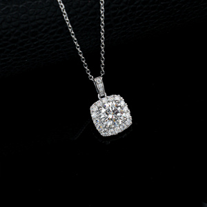 Classic Cushion Halo Lab Created Diamond Necklace, Round Cut Solitaire with <b>Square</b> Frame Pave Halo Pendant in 925 Silver - Product Image 2