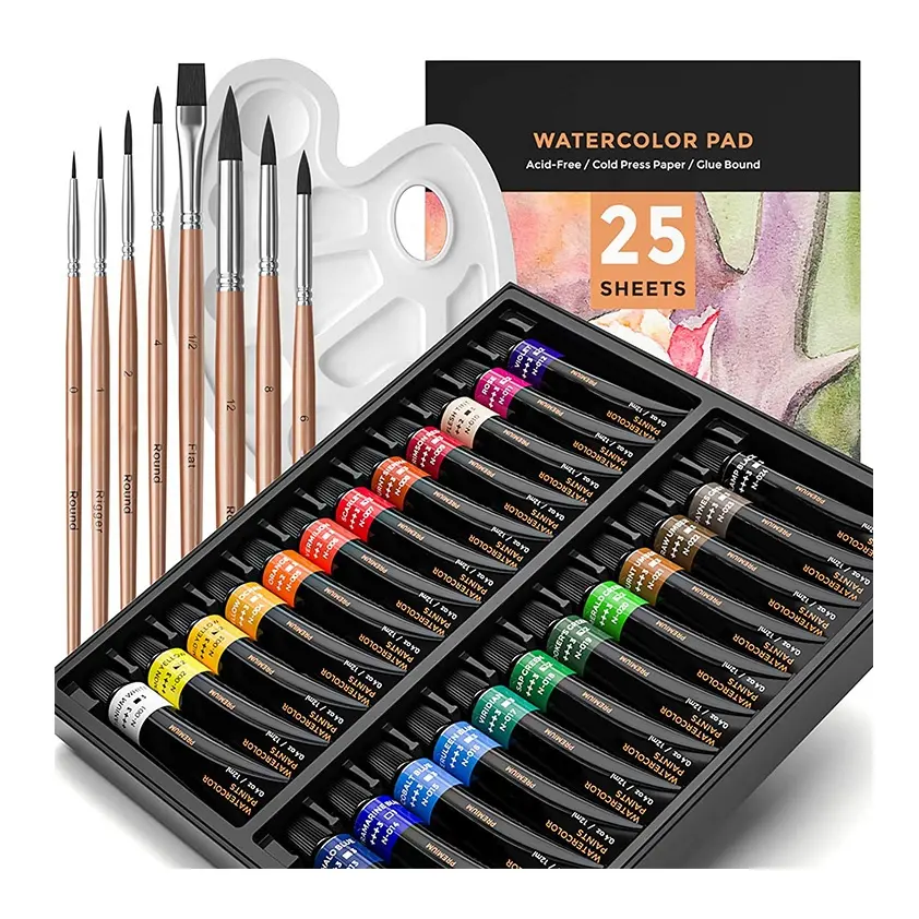 Conjunto de pinturas em aquarela coloridas, 24 cores, conjunto de pinturas em aquarela, pincéis em papel, paleta, roda de cores para artistas, adultos