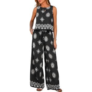 FOXA Women's 2 Piece Boho Tank Top Wide Leg <b>Pants</b> Set <b>Summer</b> Breathable Cotton Bamboo Fiber Lounge Travel Beach Outfits - Product Image 1