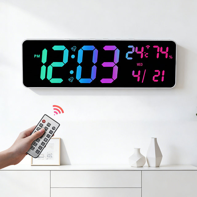 14in Large Digital Remote Control Led Wall Clock Manufacturer RGB Color Changing Alarm Calendar Auto Time Temperature Humidity