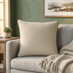 Housse de coussin en lin de qualité supérieure avec passepoil contrastant |   Coussin carré décoratif beige naturel avec bord gris pour canapé - Product Image 2