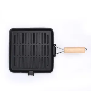 26cm Detachable wooden folding handle camping cast iron frying grill pan