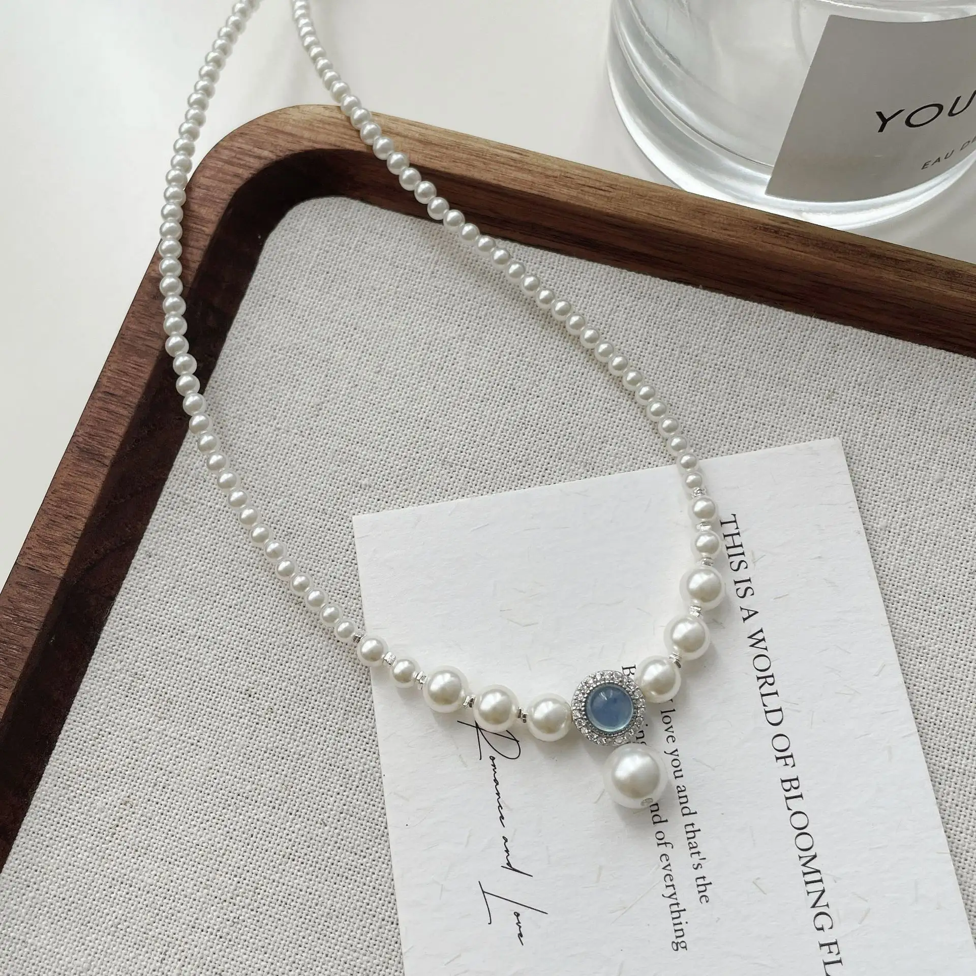 VANA Zierliches Aquamarin Synthetisches Kristall Perlen-Halsband 925 Sterling-Silber Damenketten Halsketten Schmuck-Sets