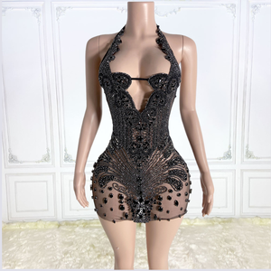 Ocstrade Listo para Enviar - Contacta Antes de Ordenar Vestido Mini Sexy de Malla Transparente <span class=keywords><strong>con</strong></span> Cuello Halter y Pedrería Negra para Fiesta Nocturna de Mujer - Product Image 3