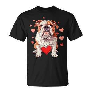 Idée cadeau pour la Saint-Valentin : T-shirt pour chien bouledogue anglais avec motif cœur pour les amoureux des animaux, vêtements promotionnels - Product Image 1