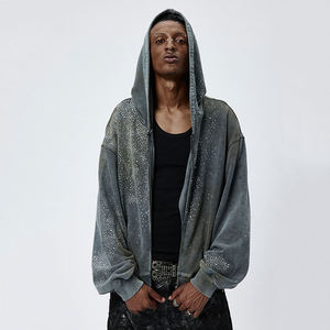 Sweat-shirt à capuche zippé pour homme, style streetwear, en molleton français 500 g/m², 100 % coton, broderie personnalisée, strass, délavage acide, coupe ample, automne - Product Image 1