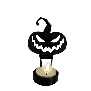 Black Iron Halloween <b>Pumpkin</b> Tea <b>Light</b> Candle Holder With Flameless LED Candle <b>For</b> Halloween Home Decorations - Product Image 1