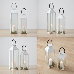 Lanternes à bougies en métal blanc de grande taille avec poignées en cuir pour la décoration de Noël à la maison - Product Image 5