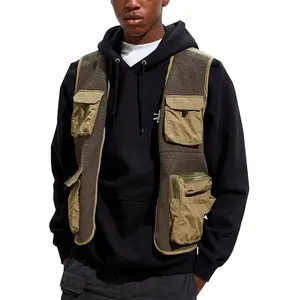 Khaki Sleeveless Folar FleeceとMulti Cargo Pockets Outdoor Fashion Utility VestためMen