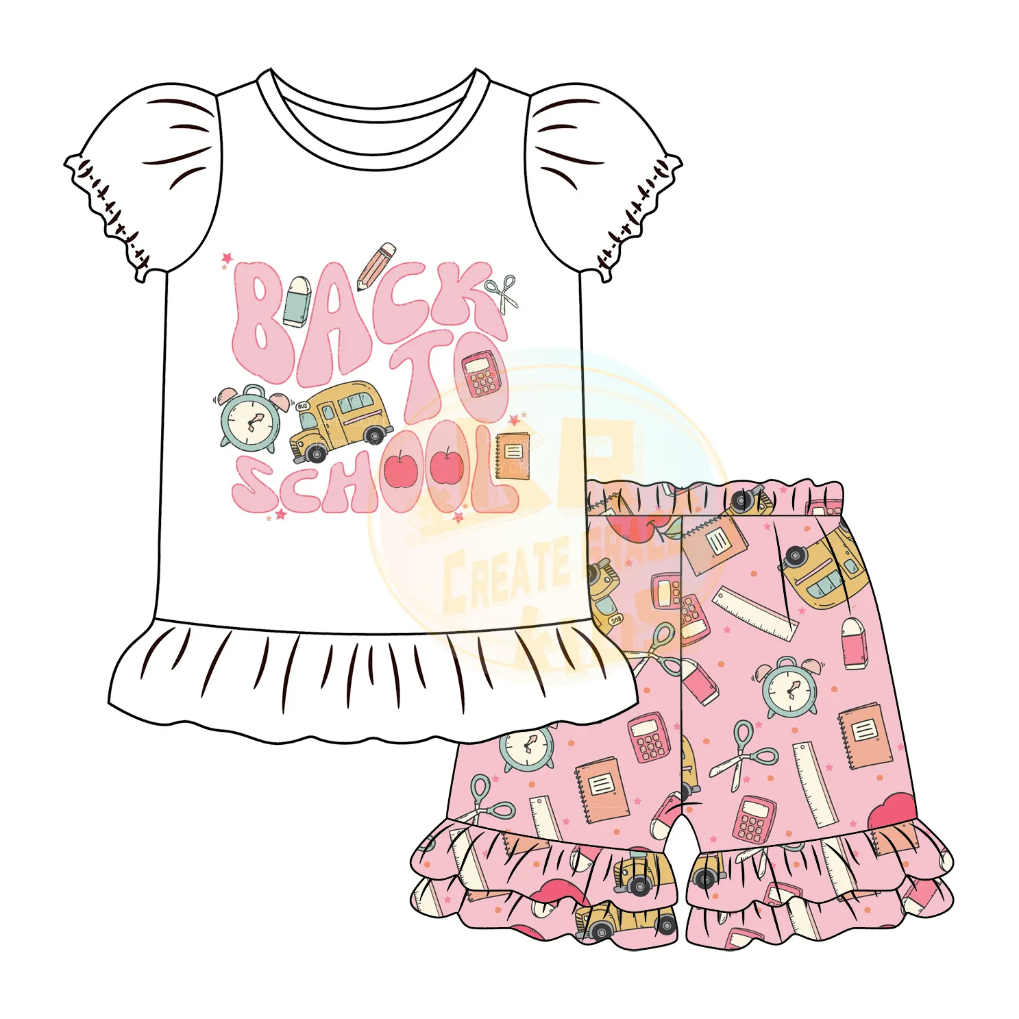 Simple Fashion Toddler Kids Custom Summer 2 Piece Outfit Short Puff Lantern Sleeve T Shirt Top Shorts Baby Girls Clothing Set
