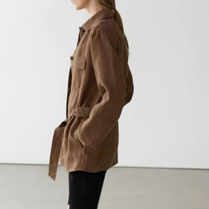 Chemise-veste décontractée pour femme en mélange de lin marron, coupe ample, avec ceinture, poches, respirante, pour l'été, usage quotidien, bureau - Product Image 3