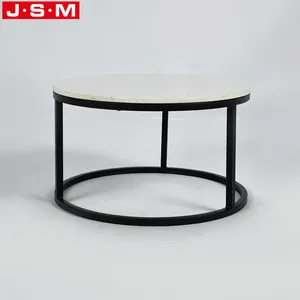 Mesa de centro con patas de Metal para sala de estar, mesa lateral redonda de piedra Artificial blanca, mesa de té superior