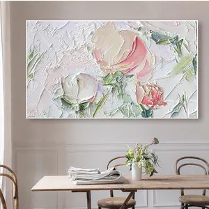 100% el-boyalı Modern duvar sanat dekoru soyut 3d dokulu pembe gül çiçek sanat odası dekorasyon için tuval yağlıboya