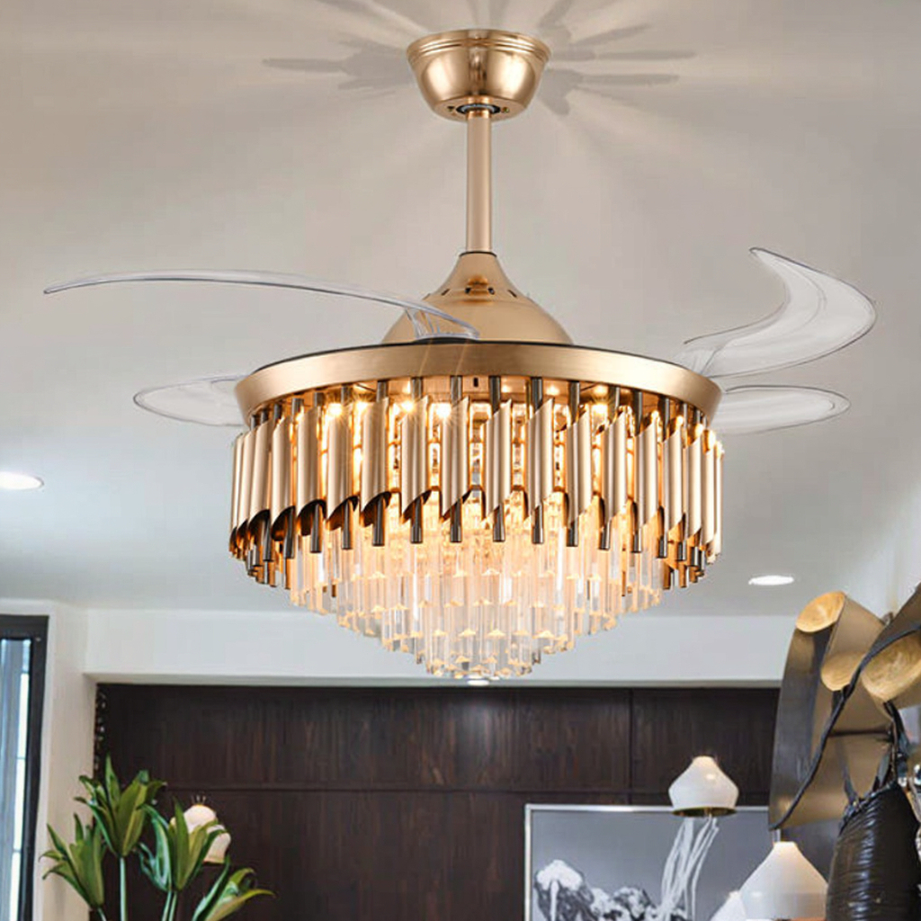 42-Inch Crystal Body LED Ceiling Fan Light Remote Control Luxury Gold Chandelier Lamp for Home Bedroom 110V 220v