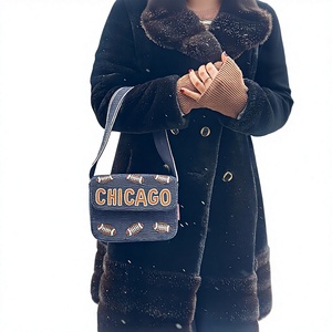 Chicago Football Pattern Glass Crossbody <b>Bag</b> with <b>Navy</b> Blue Orange Text Brown Accents - Product Image 1