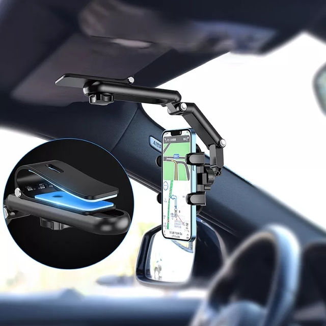Flexible Universal 360 Rotation Retractable Rearview Mirror Sun Visor Car Phone Holder