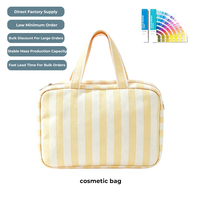 Sac de toilette en toile rayée avec logo personnalisé, poignées supérieures, grande capacité, trousse de maquillage de voyage, sac de rangement pour articles de toilette, faible MOQ