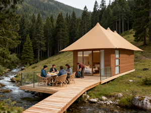 Tenda Glamping Mewah Semi-Permanen Dua Lapis 2-Kamar Rangka Baja PVC Tahan Air 4-Musim Tahan Api Perlindungan UV Dapat Disesuaikan - Product Image 1
