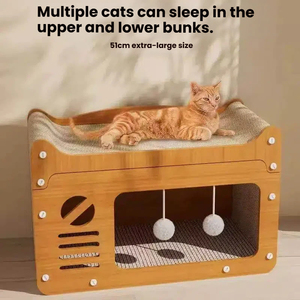 <strong>Cat</strong> Scratcher House Bed 2-in-1 Corrugated Paper Wooden MDF Bamboo Grain Durable No Shedding with Teaser Ball Pet Furniture <strong>Sofa</strong> - Product Image 4