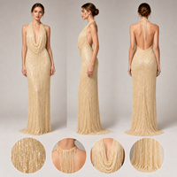 Robe de soirée longue pour femme, couleur or champagne, à sequins et franges, col halter, dos nu en V profond, pour tapis rouge, vente en gros