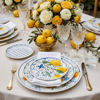 Service de vaisselle créatif en céramique motif citron et floral, en porcelaine bleue et blanche, pour mariages, événements, fêtes, maison et cuisine