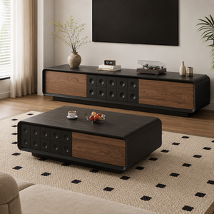 Ensemble <span class=keywords><strong>Meuble</strong></span> <span class=keywords><strong>TV</strong></span> et Table Basse Luxe Léger en Noyer Noir avec Plateau en Dalle de Roche, Grandes Compartiments de Rangement - Product Image 1