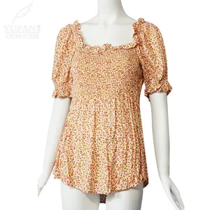 YuFan özel bahar ve yaz yeni stil kadın rahat kare boyun çiçek fırfırlı üst yaz şifon T-Shirt