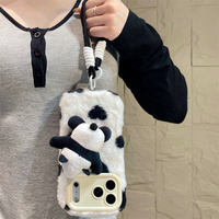 Coque de téléphone mignonne en peluche 3D Panda Cœur Noir pour iPhone 18 17 Pro Max 16 15 14 13 avec support de poignet doux et moelleux pour une protection optimale