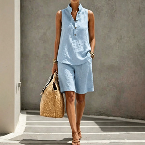 Women's <b>Linen</b> Sleeveless Top And Shorts <b>Set</b> Solid Color Casual Suit For Europe And America Smlxlxxlxxxl - Product Image 4