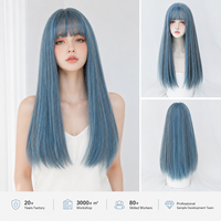 Peluca Azul con Flequillo, Peluca de Cabello Sintético para Mujer, Peluca Larga y Lisa de 24 Pulgadas con Reflejos de Color para Cosplay, Pelucas Anime Lolita