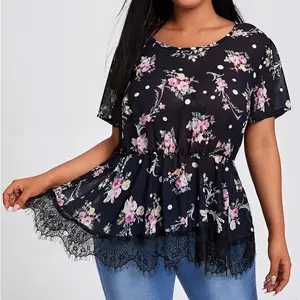 Nova Chegada Das Senhoras Desgaste Do Verão de Manga Curta Floral Impressão Chiffon Topo Colheita Rendas Guarnição Peplum Blusa das Mulheres