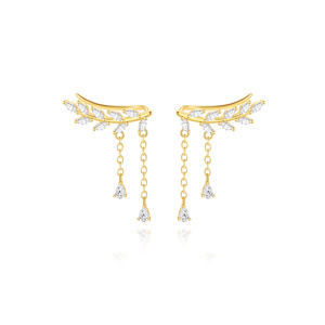 Boucles d'oreilles asymétriques pendantes en argent sterling 925 plaqué or avec pampilles, feuilles d'olivier et zircons cubiques marquise, style grimpant - Product Image 1