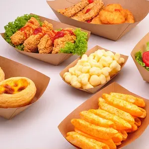 Best Price biodegradable 100ml food packing trays Disposable Food Boat Shape For Restaurant Kraft Paper Ship Type Tray