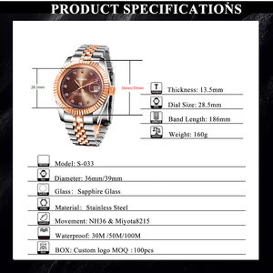 Механические спортивные часы с логотипом на заказ NH35 Lxue, женские Серебристые розовое золото, рифленый ободок, сапфировое стекло, черный циферблат - Product Image 2