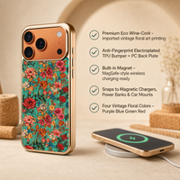 Eco Wijnkurk Vintage Bloemmotief Schelp Telefoonhoesje voor iPhone 17 18 Draadloos Magnetisch Opladen Groothandel Aanbod