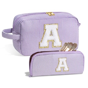 Customizable Striped Seersucker Cosmetic <b>Toiletry</b> <b>Bag</b> Large-Capacity with Partition Storage Embroidered Letter - Product Image 3