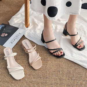 Nouvelles sandales à <span class=keywords><strong>talon</strong></span> moyen pour <span class=keywords><strong>femme</strong></span> <span class=keywords><strong>2020</strong></span>, style féerique à fines brides, mules noires à enfiler pour l'été, chaussures à <span class=keywords><strong>talon</strong></span> épais pour l'extérieur - Product Image 3